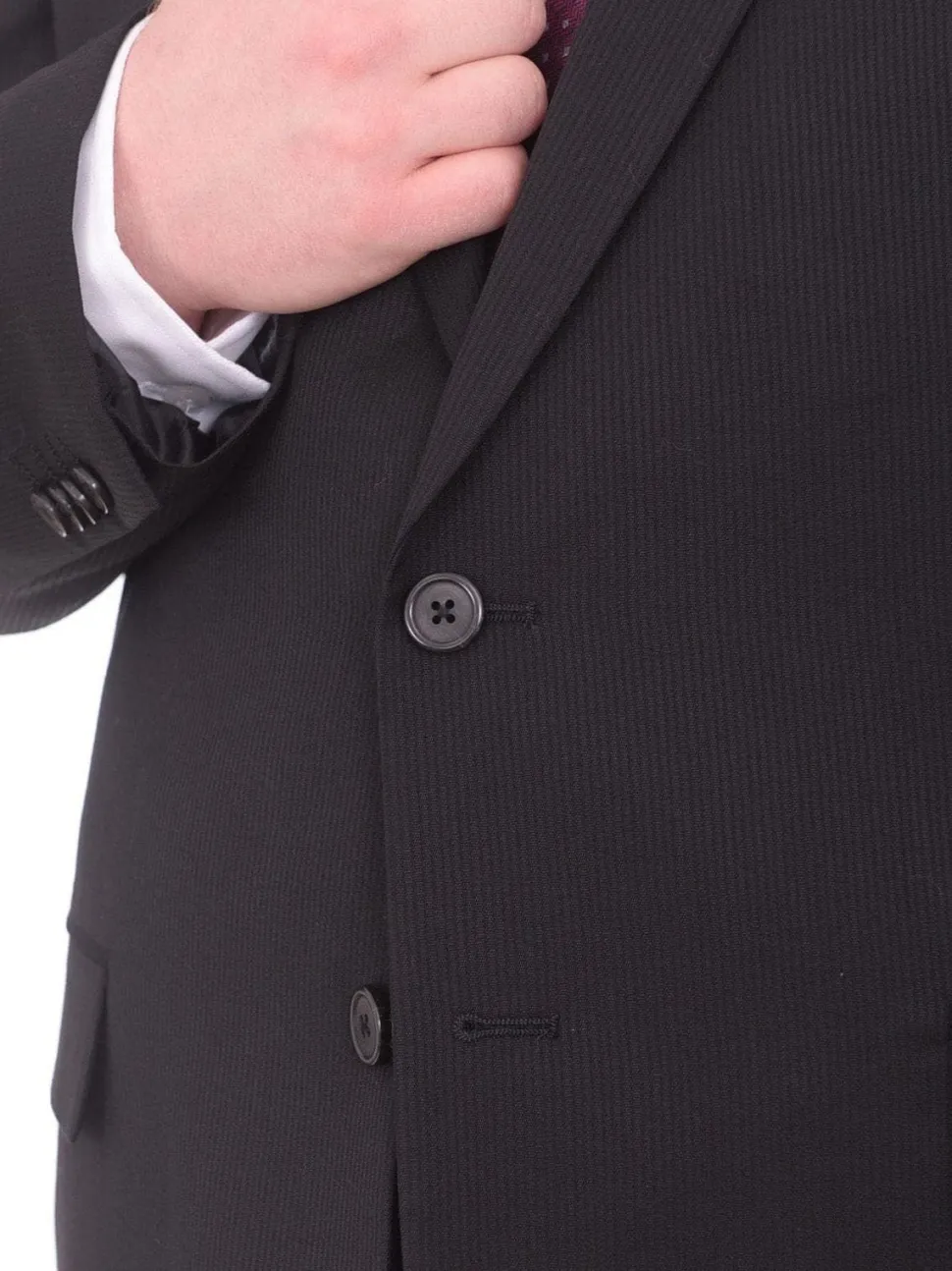 Lazetti Couture Portly Fit Black Tonal Striped Two Button Wool Suit