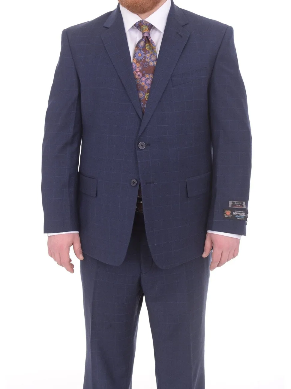Lazetti Couture Portly Fit Blue Plaid With Overcheck Two Button Wool Suit