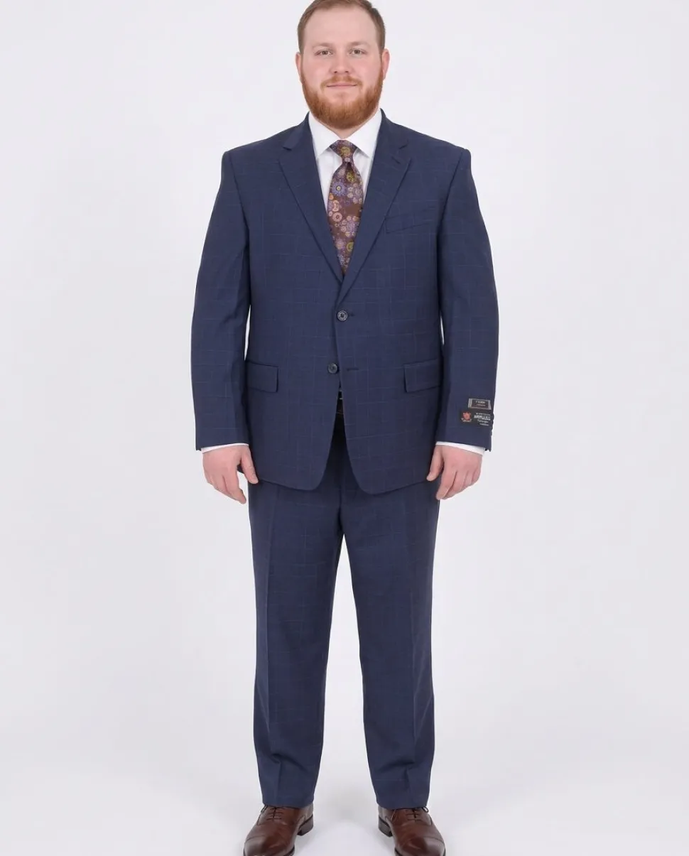 Lazetti Couture Portly Fit Blue Plaid With Overcheck Two Button Wool Suit