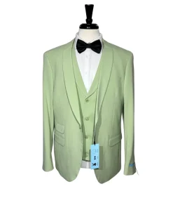 Malone Mens Slim Fit Solid Green Stretch 3 Piece Tuxedo Suit With Shawl Lapels