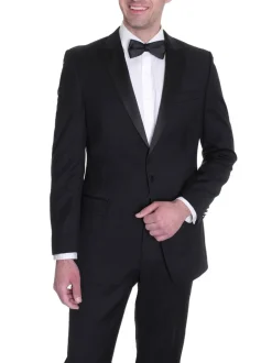 Manzini Mens Black 100% Wool Classic Fit Tuxedo Suit With Satin Peak Lapels