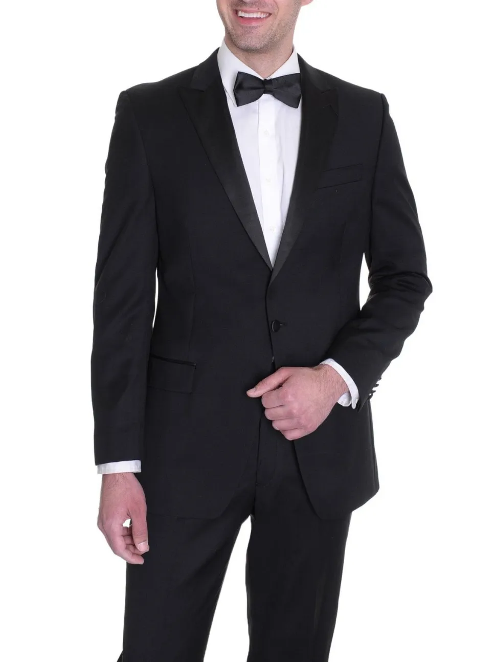 Manzini Mens Black 100% Wool Classic Fit Tuxedo Suit With Satin Peak Lapels