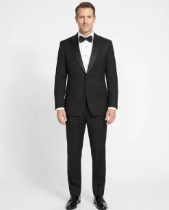 Manzini Mens Black 100% Wool Classic Fit Tuxedo Suit With Satin Peak Lapels
