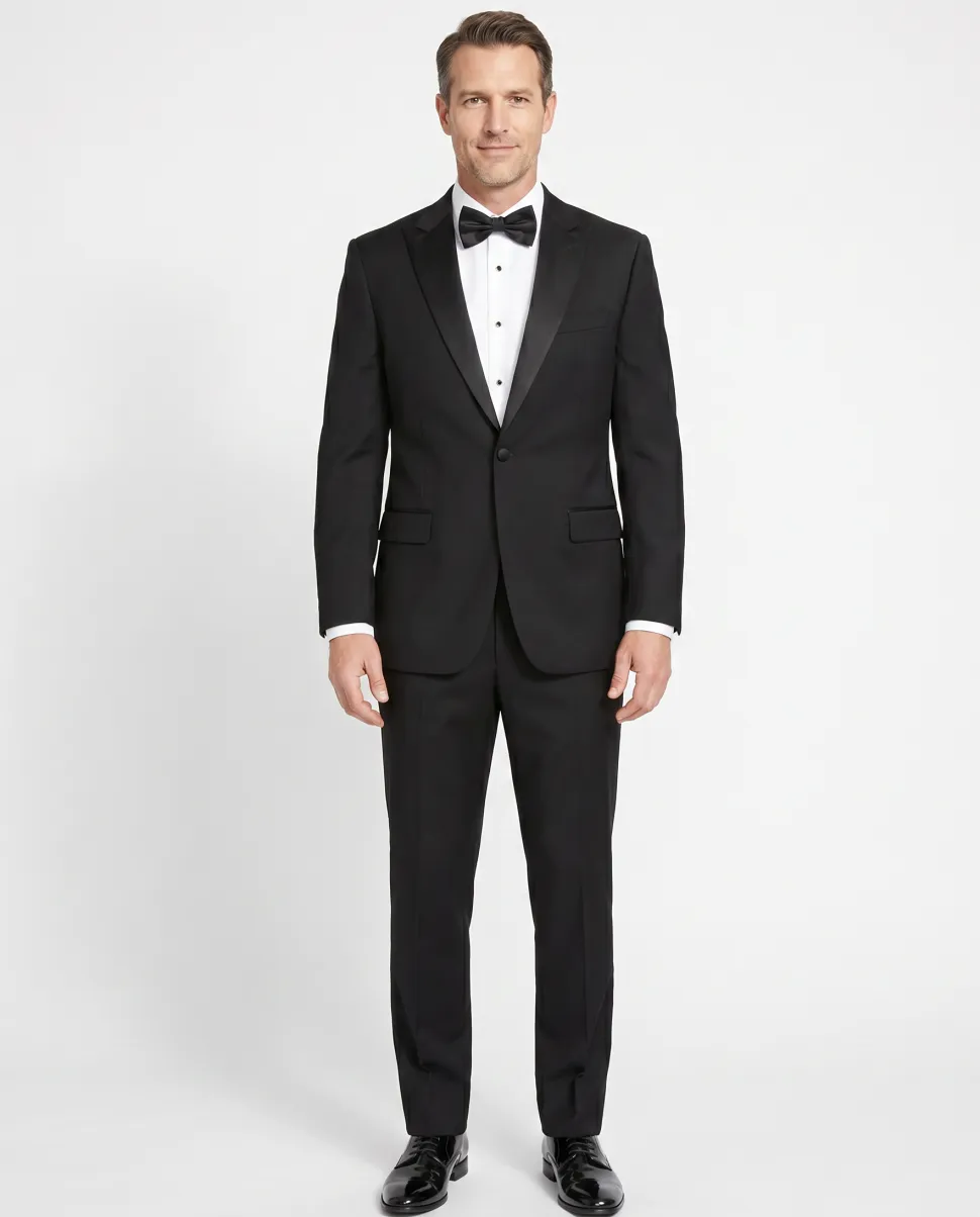Manzini Mens Black 100% Wool Classic Fit Tuxedo Suit With Satin Peak Lapels