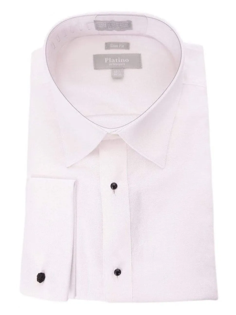 Marquis Slim Fit White Textured Spread Collar French Cuff Cotton Tuxedo Shirt