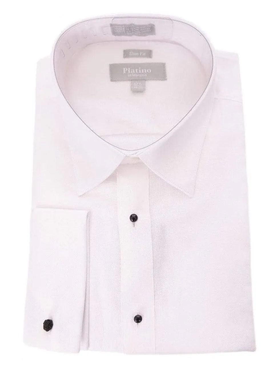 Marquis Slim Fit White Textured Spread Collar French Cuff Cotton Tuxedo Shirt