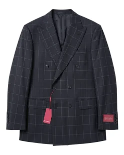 Mazara Mens Black With Gray Windowpane Classic Fit Double-Breasted Wool Suit