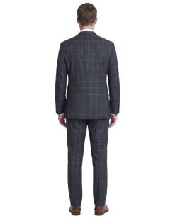 Mazara Mens Black With Gray Windowpane Classic Fit Double-Breasted Wool Suit