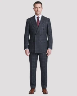 Mazara Mens Black With Gray Windowpane Classic Fit Double-Breasted Wool Suit