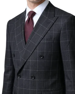 Mazara Mens Black With Gray Windowpane Classic Fit Double-Breasted Wool Suit