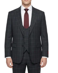 Mazara Mens Black With Gray Windowpane Classic Fit Peak Lapel 3-Piece Wool Suit