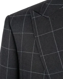 Mazara Mens Black With Gray Windowpane Classic Fit Peak Lapel 3-Piece Wool Suit