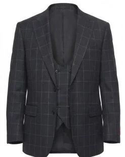 Mazara Mens Black With Gray Windowpane Classic Fit Peak Lapel 3-Piece Wool Suit