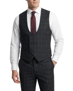 Mazara Mens Black With Gray Windowpane Classic Fit Peak Lapel 3-Piece Wool Suit