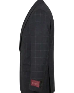 Mazara Mens Black With Gray Windowpane Classic Fit Peak Lapel 3-Piece Wool Suit