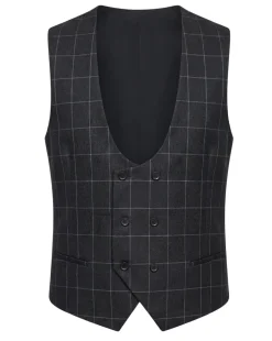 Mazara Mens Black With Gray Windowpane Classic Fit Peak Lapel 3-Piece Wool Suit