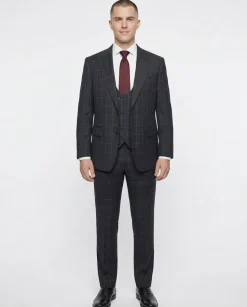 Mazara Mens Black With Gray Windowpane Classic Fit Peak Lapel 3-Piece Wool Suit