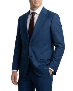 Mazara Mens Blue Pinstriped Classic Fit Peak Lapel Wool Blend 2-Button Suit
