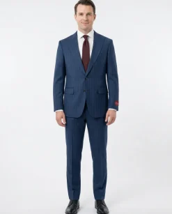 Mazara Mens Blue Pinstriped Classic Fit Peak Lapel Wool Blend 2-Button Suit