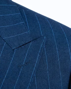 Mazara Mens Blue Pinstriped Classic Fit Peak Lapel Wool Blend 2-Button Suit
