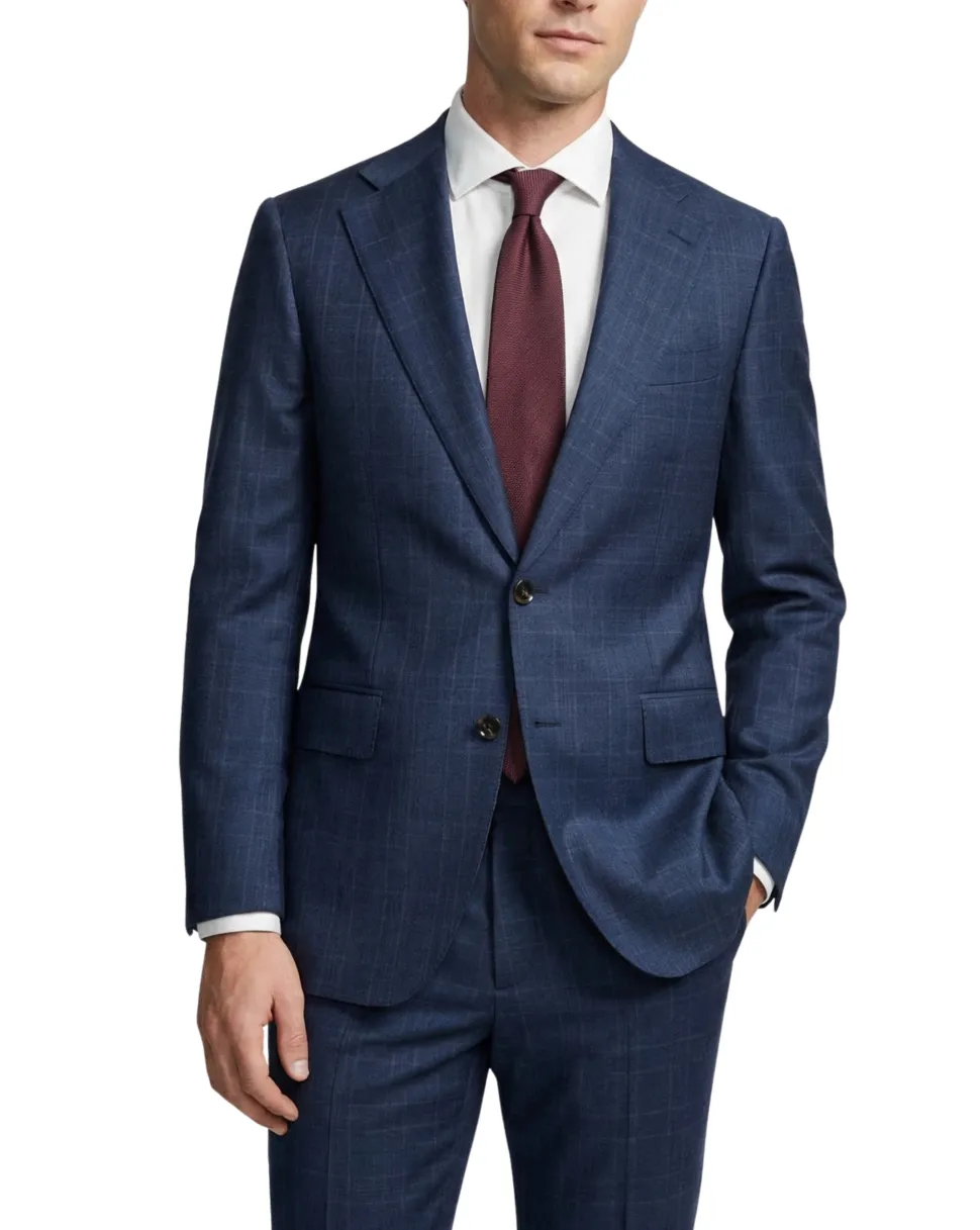 Mazara Mens Blue Plaid With Brown Windowpane Classic Fit Notch Lapel Wool 2-Button Suit