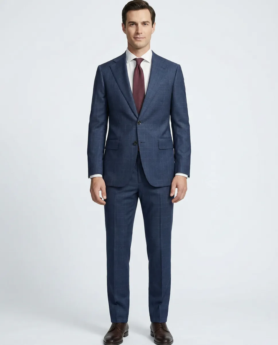Mazara Mens Blue Plaid With Brown Windowpane Classic Fit Notch Lapel Wool 2-Button Suit