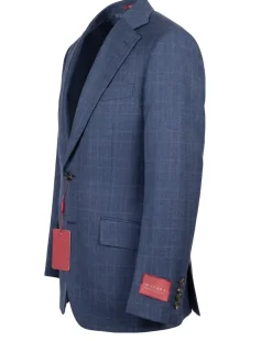 Mazara Mens Blue Plaid With Brown Windowpane Classic Fit Notch Lapel Wool 2-Button Suit