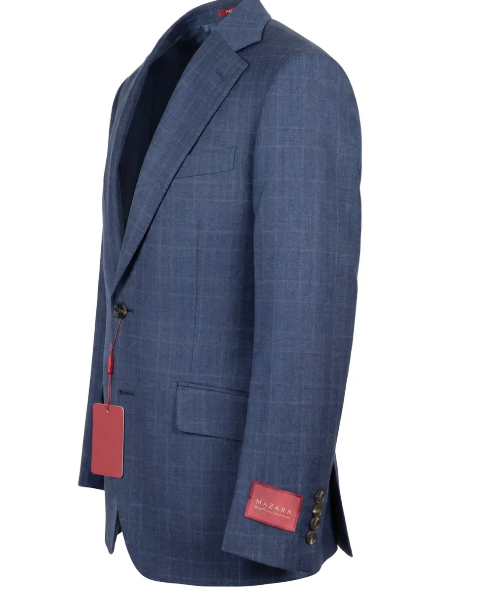 Mazara Mens Blue Plaid With Brown Windowpane Classic Fit Notch Lapel Wool 2-Button Suit