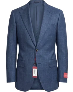 Mazara Mens Blue Plaid With Brown Windowpane Classic Fit Notch Lapel Wool 2-Button Suit