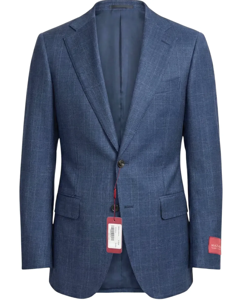 Mazara Mens Blue Plaid With Brown Windowpane Classic Fit Notch Lapel Wool 2-Button Suit