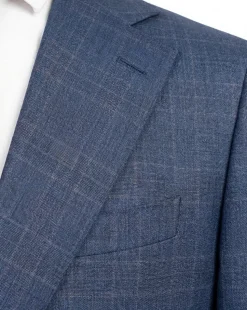 Mazara Mens Blue Plaid With Brown Windowpane Classic Fit Notch Lapel Wool 2-Button Suit