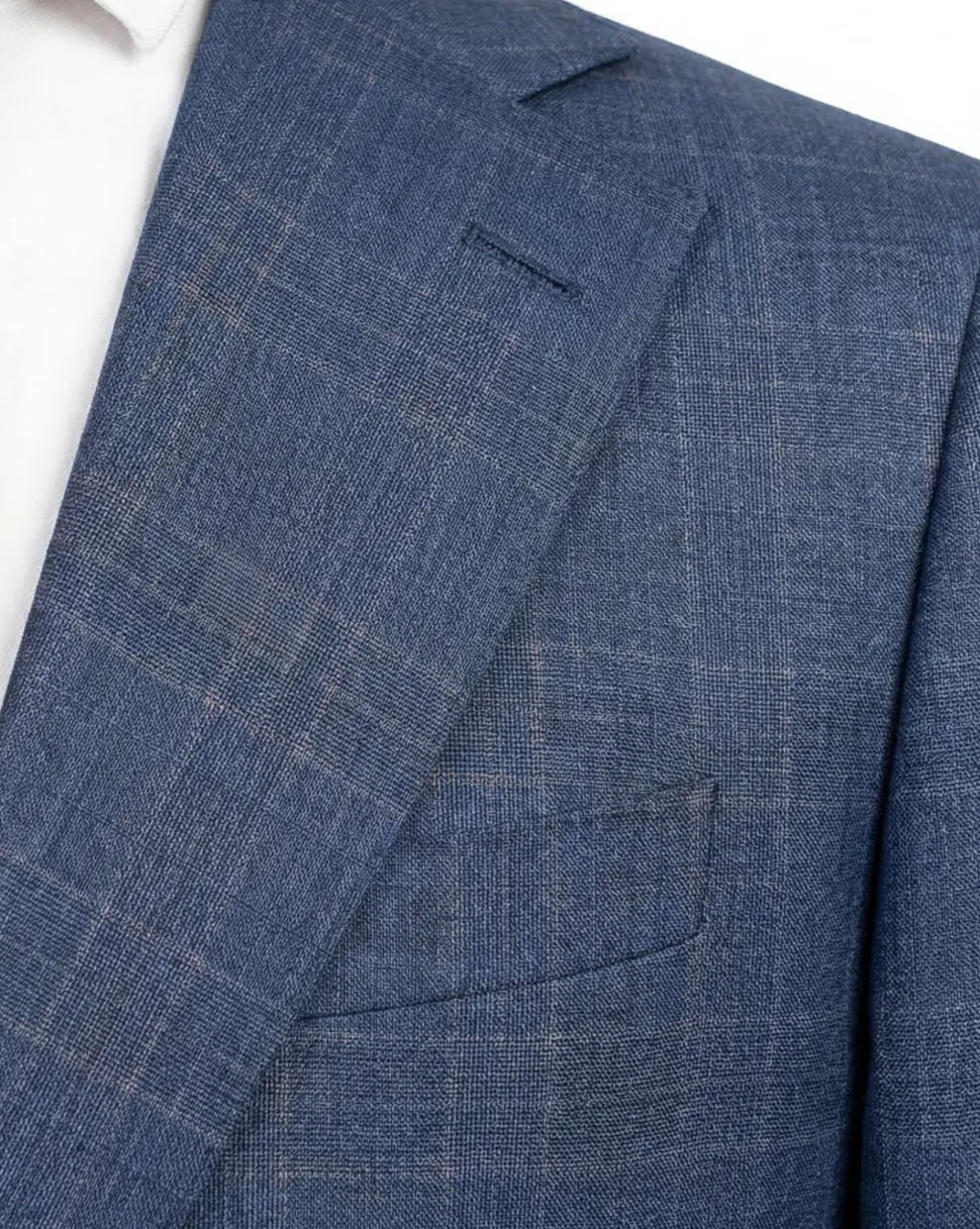 Mazara Mens Blue Plaid With Brown Windowpane Classic Fit Notch Lapel Wool 2-Button Suit