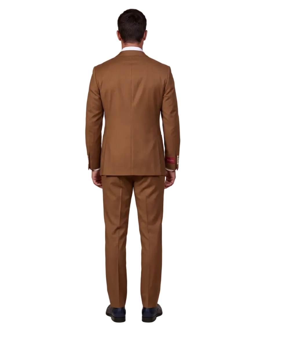 Mazara Mens Bronze Brown Slim Fit Notch Lapels Patch Pockets Wool Stretch 2-Button Suit