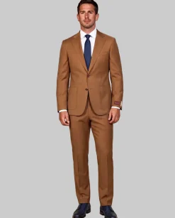 Mazara Mens Bronze Brown Slim Fit Notch Lapels Patch Pockets Wool Stretch 2-Button Suit