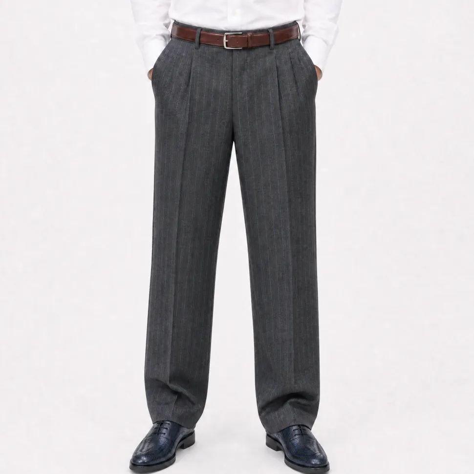 Mazara Mens Charcoal Gray Pinstriped Wide Leg Pleated Wool Dress Pants