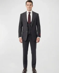 Mazara Mens Dark Gray with Navy Pinstripe Classic Fit Peak Lapel Wool 3-Piece Suit