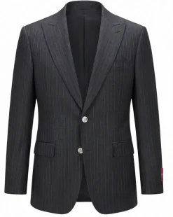 Mazara Mens Dark Gray with Navy Pinstripe Classic Fit Peak Lapel Wool 3-Piece Suit