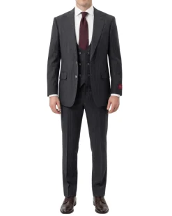 Mazara Mens Dark Gray with Navy Pinstripe Classic Fit Peak Lapel Wool 3-Piece Suit
