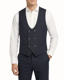 Mazara Mens Dark Gray with Navy Pinstripe Classic Fit Peak Lapel Wool 3-Piece Suit