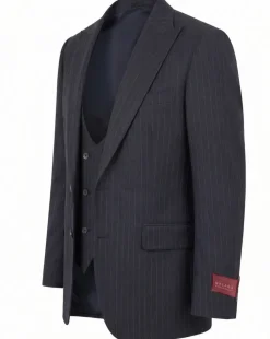 Mazara Mens Dark Gray with Navy Pinstripe Classic Fit Peak Lapel Wool 3-Piece Suit