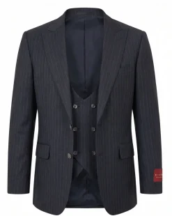 Mazara Mens Dark Gray with Navy Pinstripe Classic Fit Peak Lapel Wool 3-Piece Suit