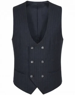 Mazara Mens Dark Gray with Navy Pinstripe Classic Fit Peak Lapel Wool 3-Piece Suit