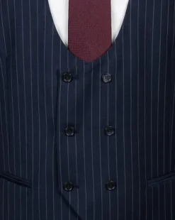 Mazara Mens Navy Rope Striped Classic Fit Peak Lapel 3-Piece Wool Suit