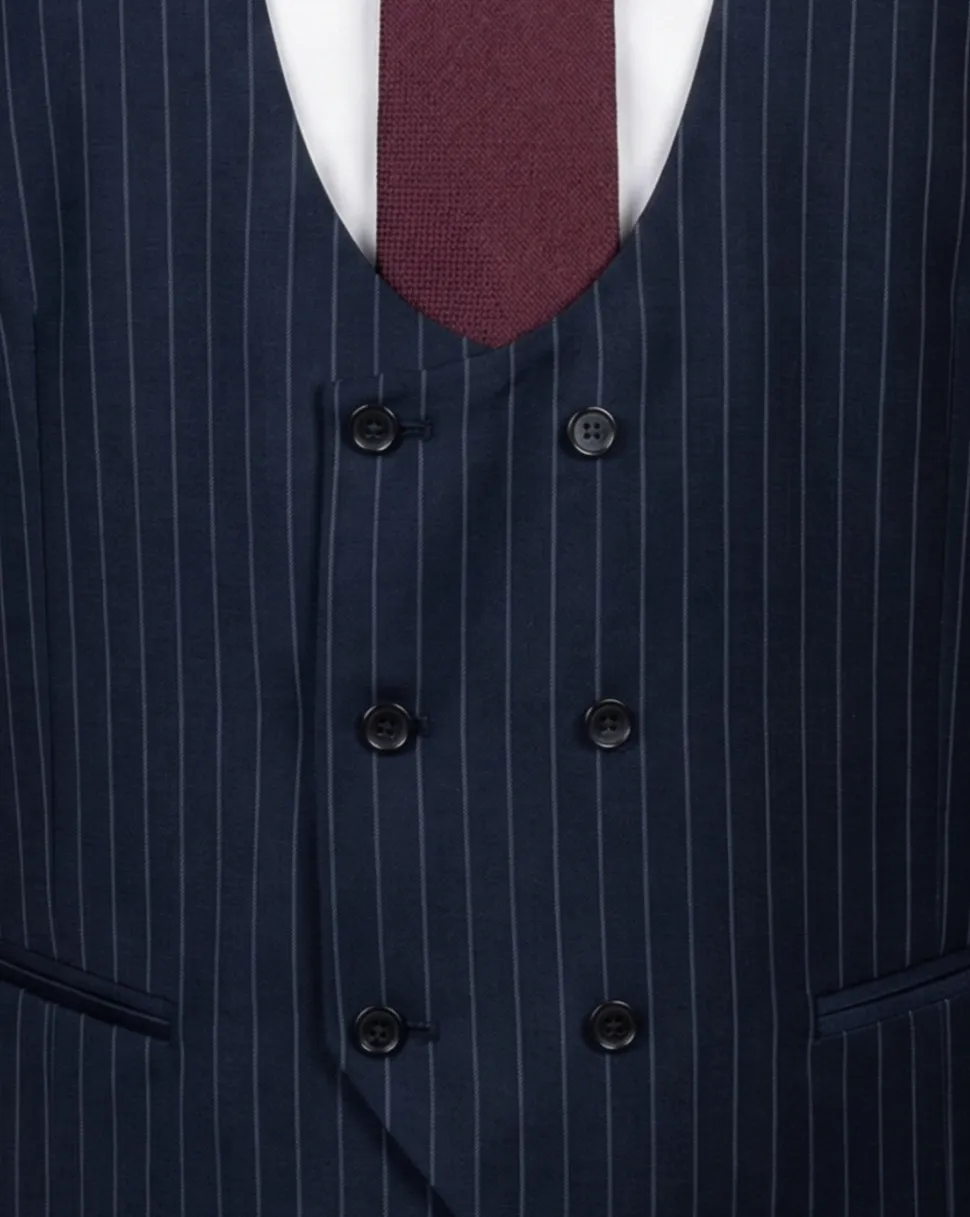 Mazara Mens Navy Rope Striped Classic Fit Peak Lapel 3-Piece Wool Suit