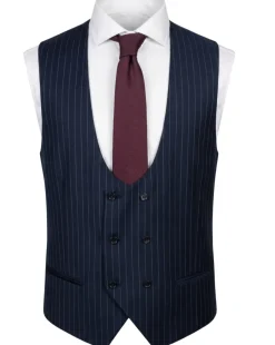 Mazara Mens Navy Rope Striped Classic Fit Peak Lapel 3-Piece Wool Suit