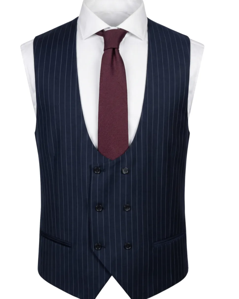 Mazara Mens Navy Rope Striped Classic Fit Peak Lapel 3-Piece Wool Suit