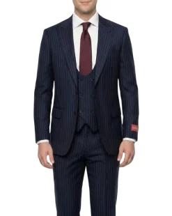 Mazara Mens Navy Rope Striped Classic Fit Peak Lapel 3-Piece Wool Suit