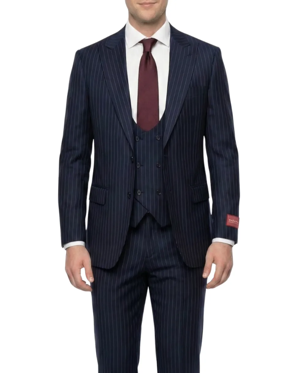 Mazara Mens Navy Rope Striped Classic Fit Peak Lapel 3-Piece Wool Suit