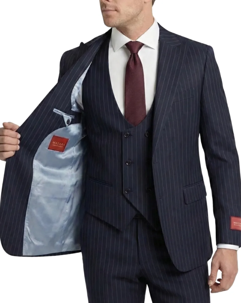 Mazara Mens Navy Rope Striped Classic Fit Peak Lapel 3-Piece Wool Suit