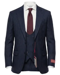 Mazara Mens Navy Rope Striped Classic Fit Peak Lapel 3-Piece Wool Suit